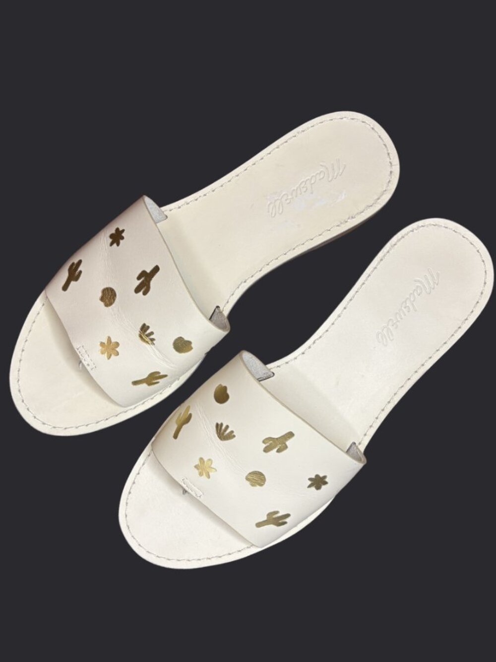 Madewell Western Leather Slide Thong Sandals Gold Embossed White Leather